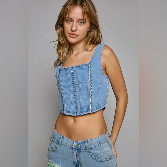 Rhinestone Denim Corset Tank Top - POL - Picture 1 of 5